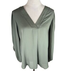 Adrienne Blouse Olive Green V-Neck Puff Sleeve Top Womens Medium